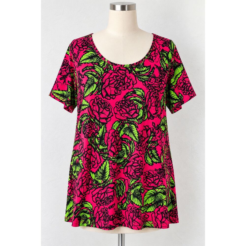 LuLaRoe Women’s XL Pink Green Black Rose Floral Short Sleeve Top NWOT